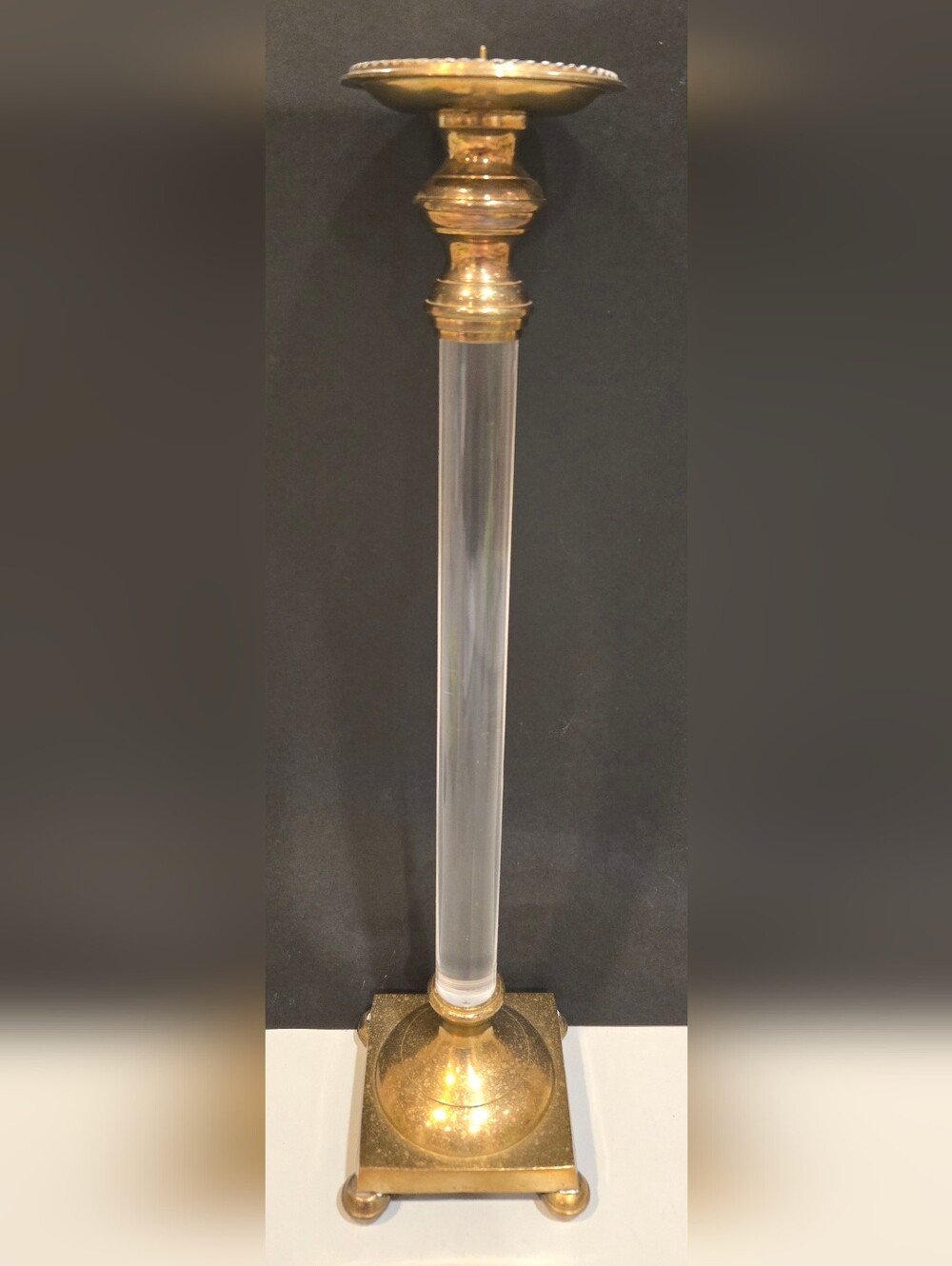 Brass and Clear Lucite Tall Candlestick Holder